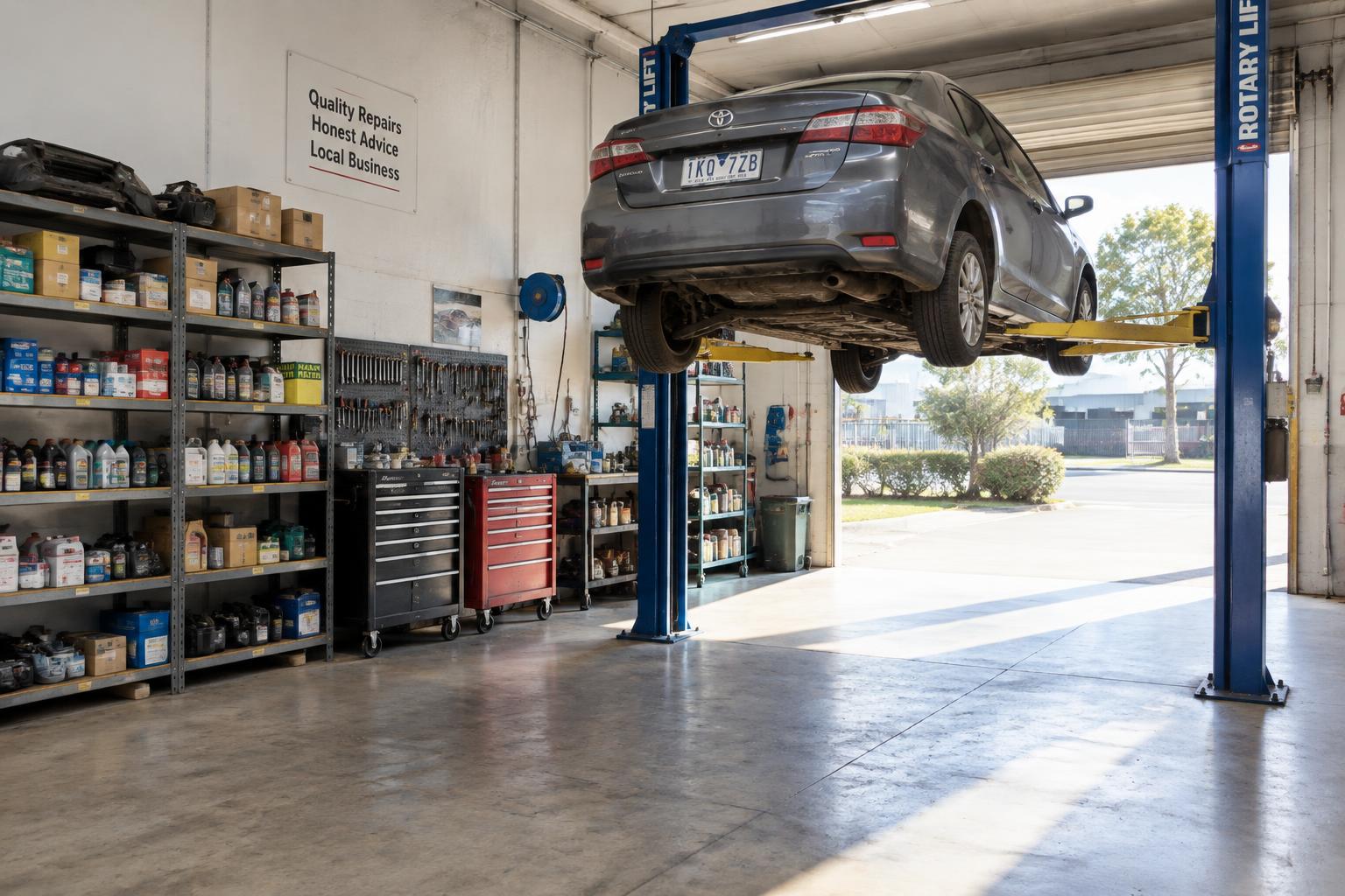 A car raised on a two-post lift in an auto repair shop with daylight falling across the concrete floor from the open roller door.