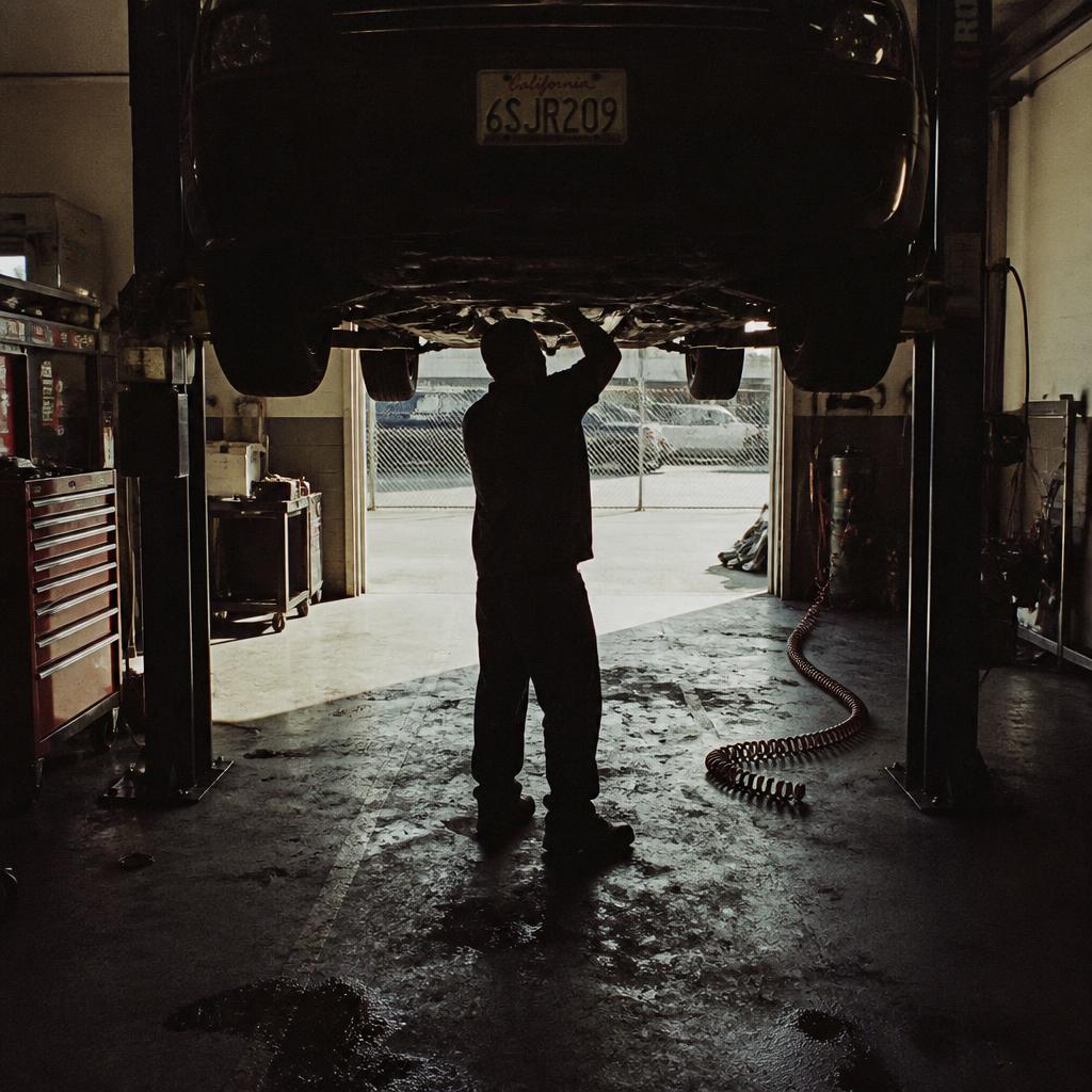 A car raised on a two-post lift in a repair shop with a mechanic in silhouette beneath it.