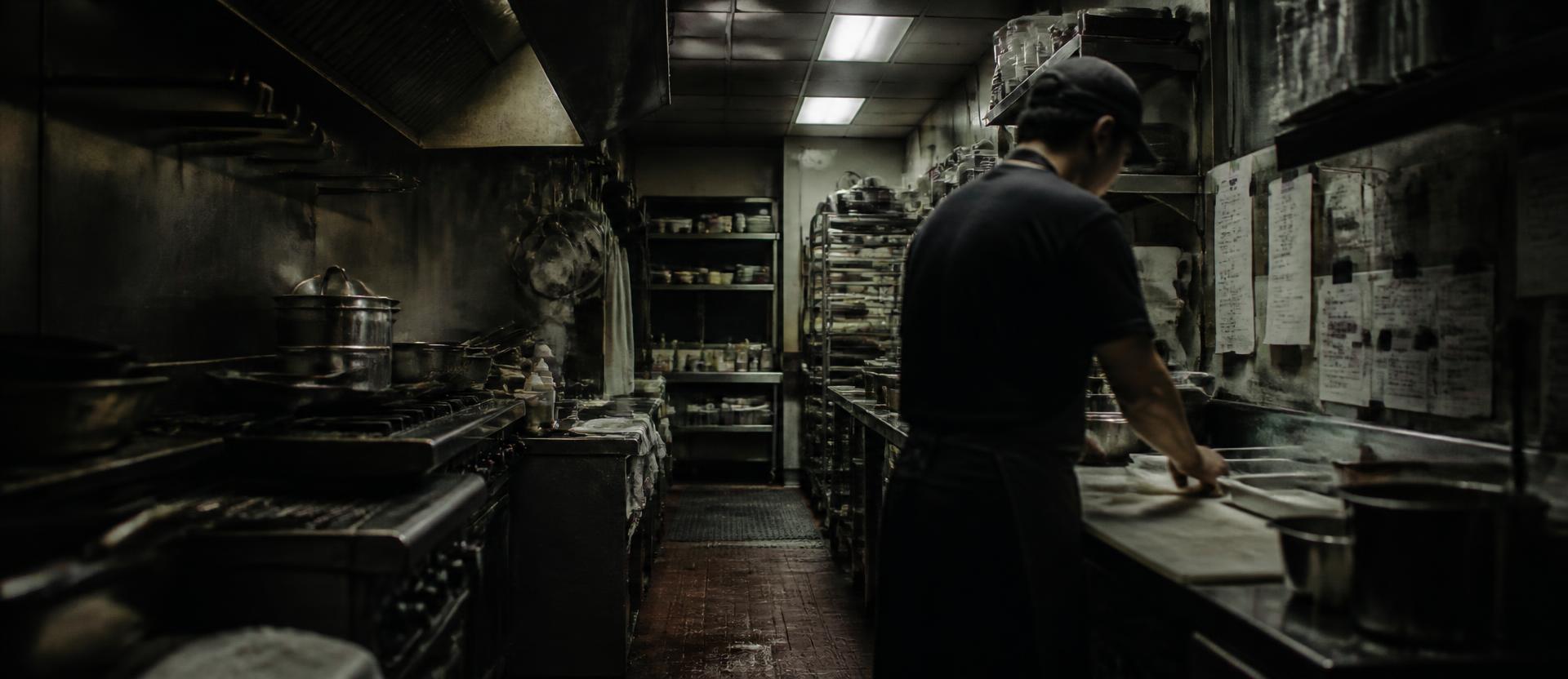 A cook prepping alone before dawn in a narrow commercial kitchen, seen from behind under fluorescent light beside worn stainless steel counters.
