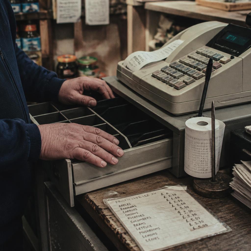 A shopkeeper's hands on an open cash register drawer beside a receipt spike and a handwritten price list.