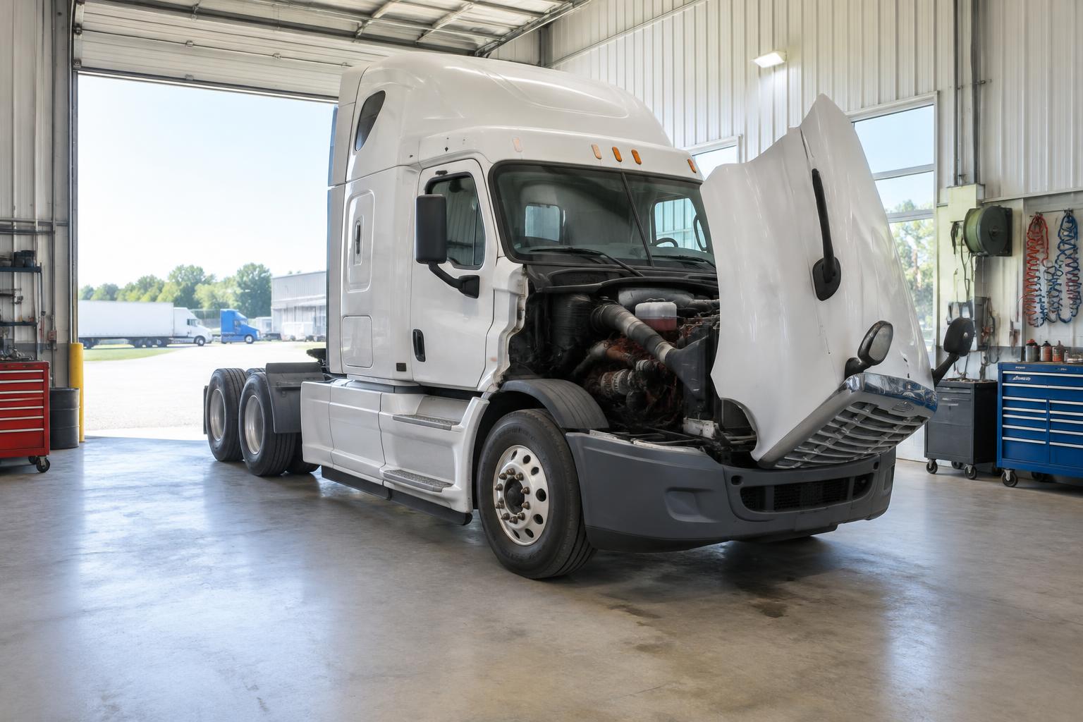 A semi truck tractor unit in a repair bay with its hood raised, daylight coming through the open door.