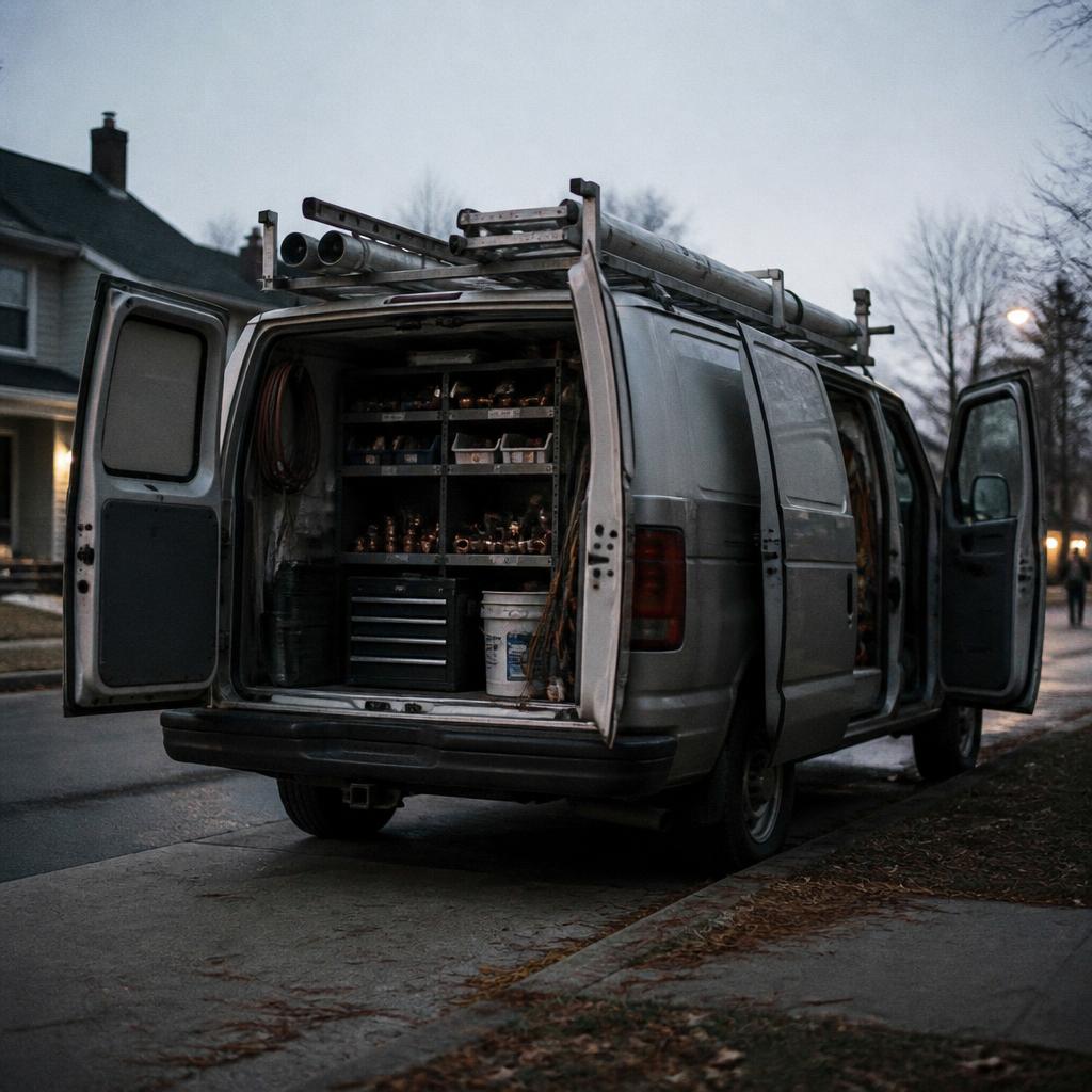 An HVAC contractor's van parked at dawn with its rear doors open, ladder racks on the roof and shelves of copper fittings inside.